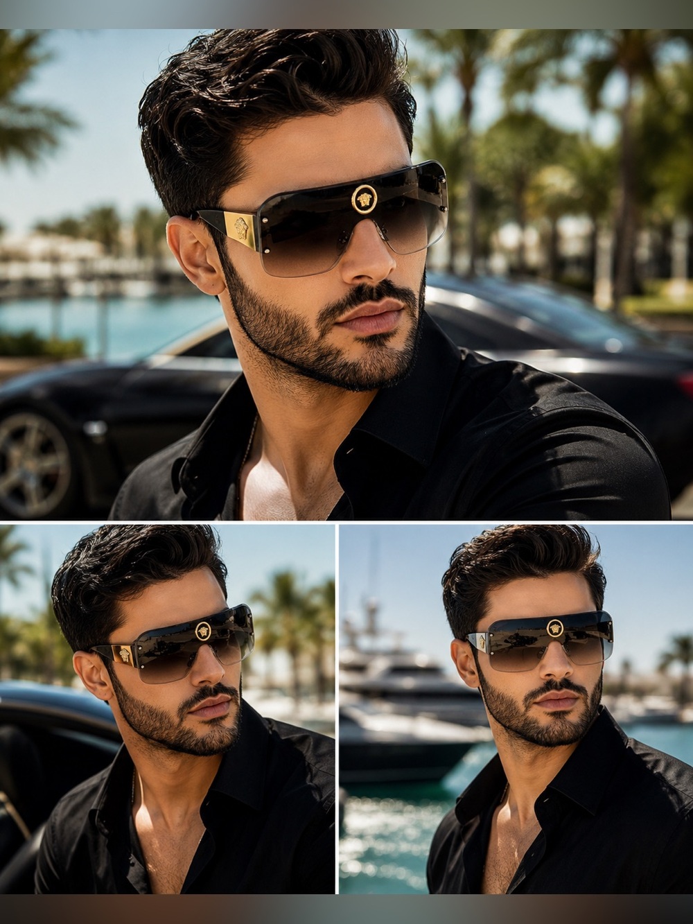 Versace Black Gradient Shield Sunglasses with Gold Medusa Emblem